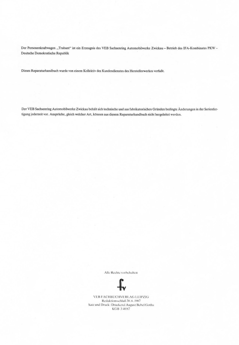 Reparaturhandbuch Weiterentwicklung Personenkraftwagen "Trabant 601"